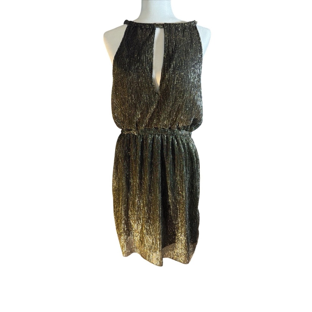 H&M Divided Gold Metallic Plisse Keyhole Halter Dress Black Size 10 Cocktail NYE
